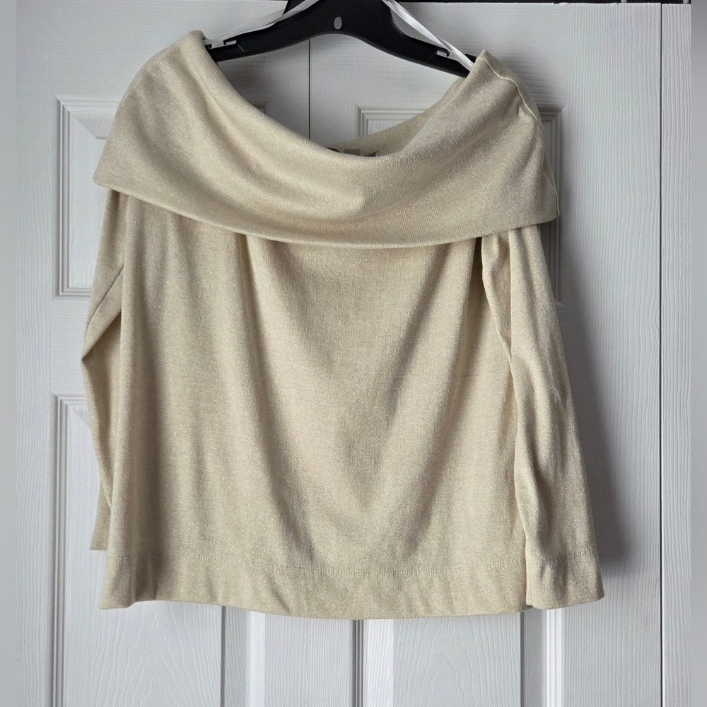 LOFT Cream Shimmery Off-Shoulder Blouse Size L - Picture 2 of 11